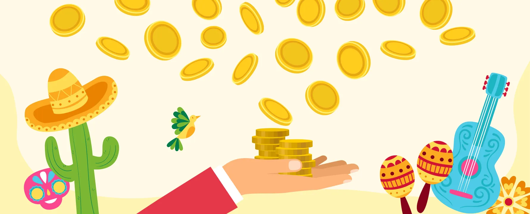 手の中の積まれたコイン、資金が増える様子を示すイラスト